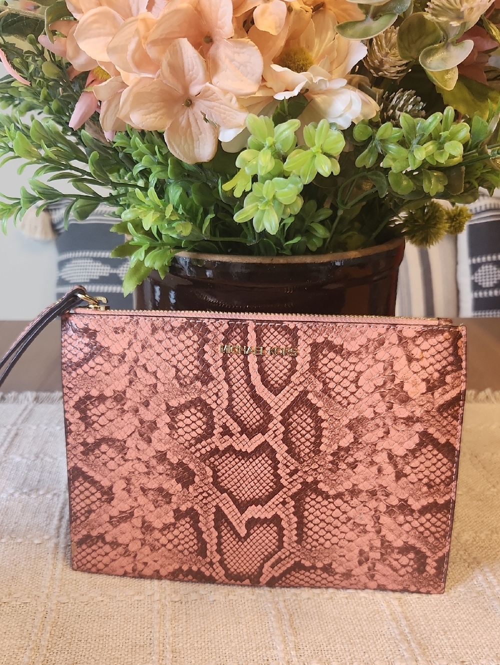 Michael Kors Pink Snake-Embossed Wristlet Clutch